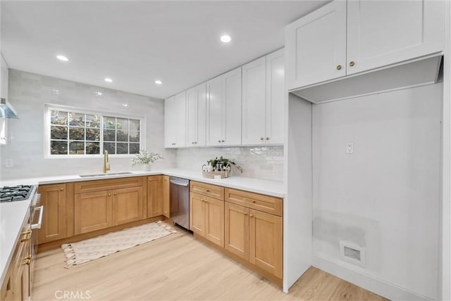 kitchen with tasteful backsplash, sink, white cabinets, light hardwood / wood-style floors, and stainless steel appliances