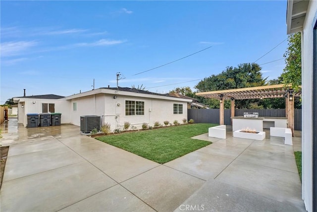 view of front of home featuring a fire pit, a pergola, a front yard, a patio, and central air condition unit