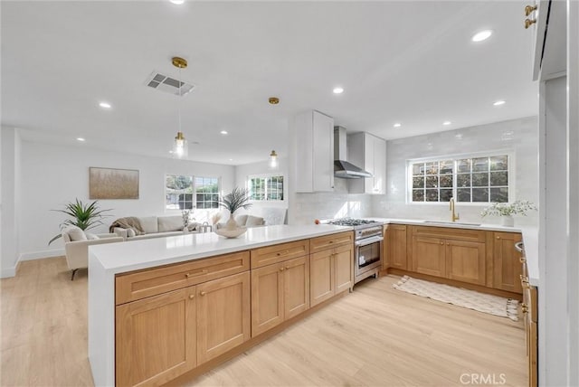 kitchen featuring wall chimney range hood, kitchen peninsula, sink, and high end stainless steel range oven