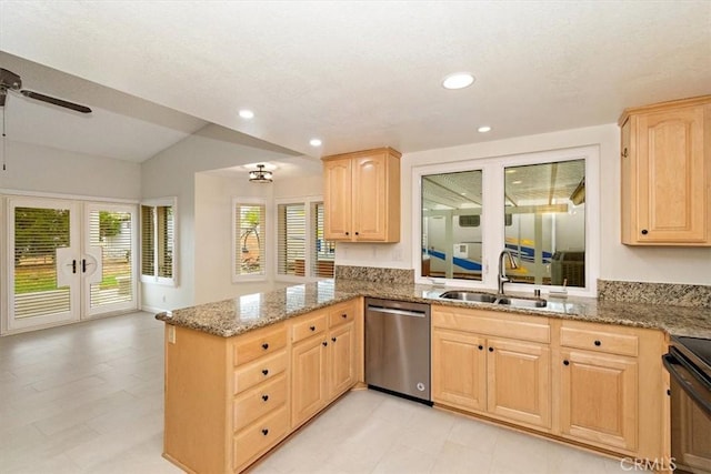 kitchen with sink, light brown cabinets, stainless steel dishwasher, and stone countertops