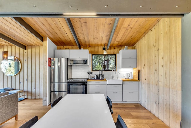 kitchen with sink, light hardwood / wood-style flooring, appliances with stainless steel finishes, beamed ceiling, and wood walls