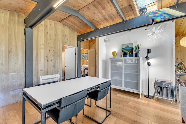 home office with wood walls, light wood-type flooring, and wooden ceiling