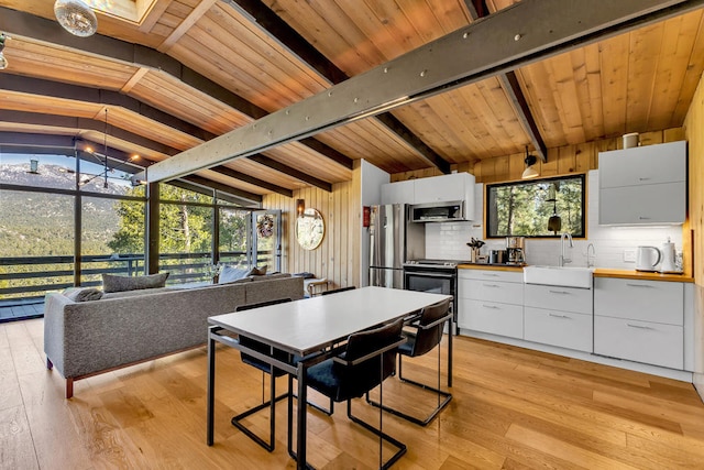 kitchen featuring appliances with stainless steel finishes, sink, white cabinets, wood ceiling, and light hardwood / wood-style flooring