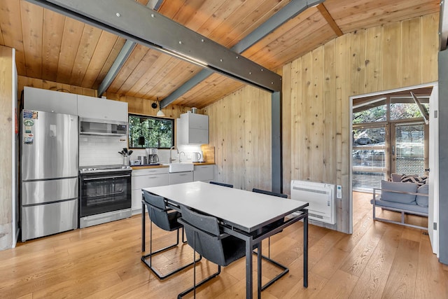 kitchen featuring light hardwood / wood-style flooring, appliances with stainless steel finishes, wooden walls, heating unit, and white cabinets