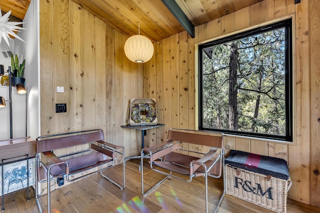 miscellaneous room with wood ceiling, beamed ceiling, a healthy amount of sunlight, and hardwood / wood-style flooring