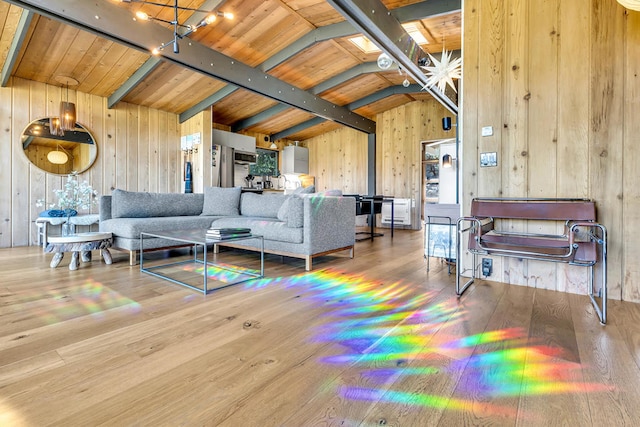 living room featuring wood ceiling, wooden walls, hardwood / wood-style floors, and vaulted ceiling with beams