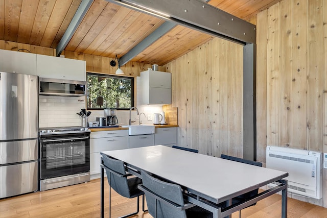 kitchen with appliances with stainless steel finishes, heating unit, beamed ceiling, sink, and wooden ceiling