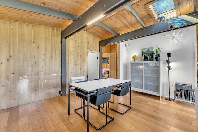 playroom featuring beamed ceiling, a skylight, light hardwood / wood-style flooring, and wood walls