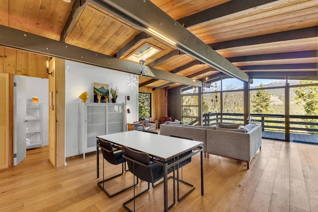 interior space with lofted ceiling with beams, a healthy amount of sunlight, wood ceiling, and light wood-type flooring