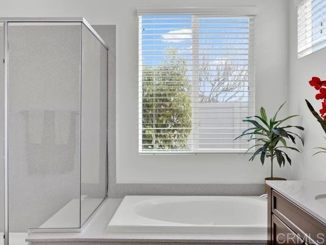 bathroom featuring independent shower and bath and vanity