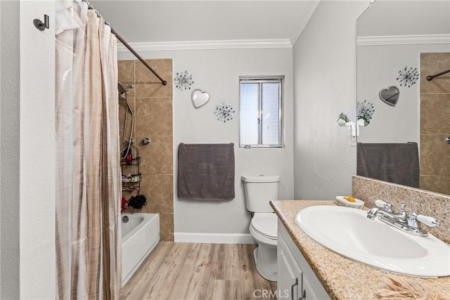 full bathroom featuring wood-type flooring, ornamental molding, vanity, shower / tub combo, and toilet