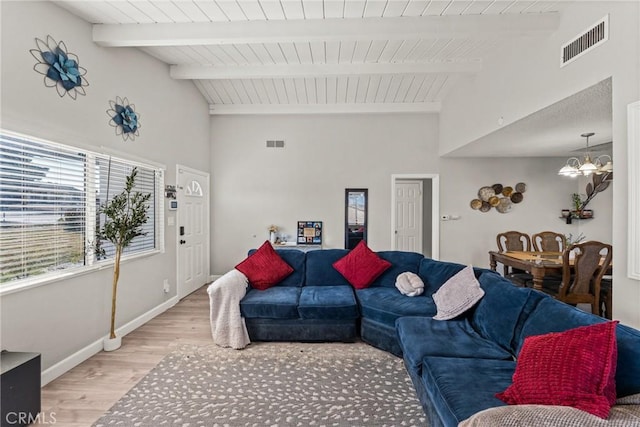 living room with an inviting chandelier, high vaulted ceiling, light hardwood / wood-style floors, and beamed ceiling