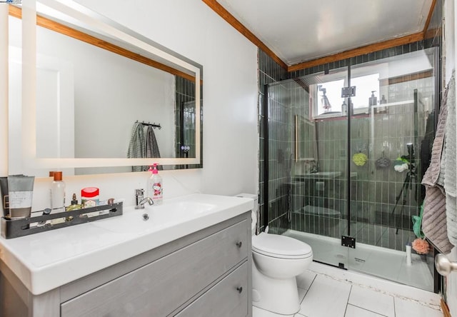 bathroom with walk in shower, tile patterned floors, vanity, and toilet