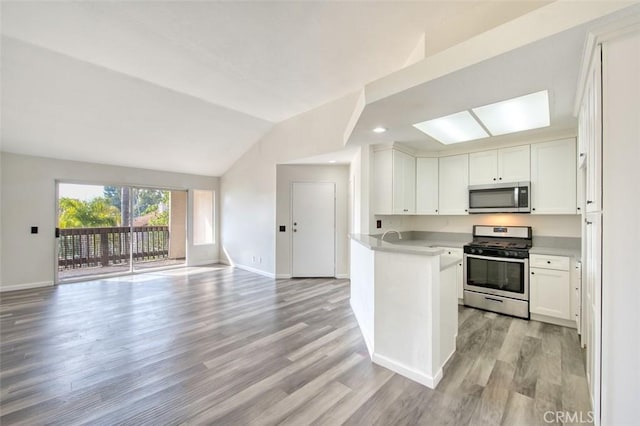 25246 San Michele, Laguna Niguel, CA 92677 - kitchen featuring open floor plan, light countertops, lofted ceiling, stainless steel appliances, and white cabinetry