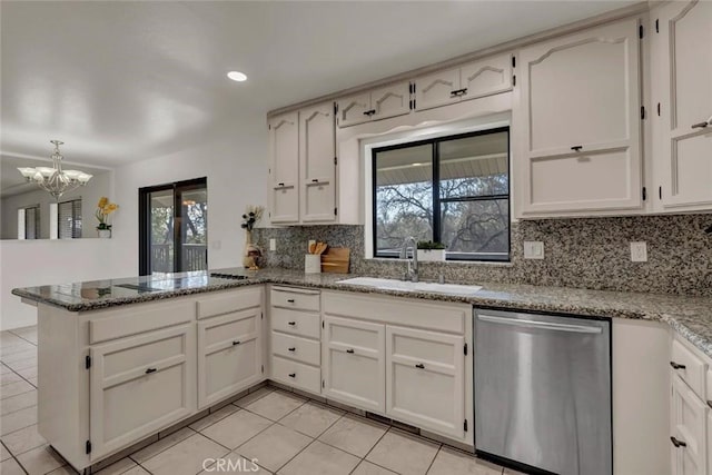 kitchen featuring sink, white cabinets, kitchen peninsula, and dishwasher