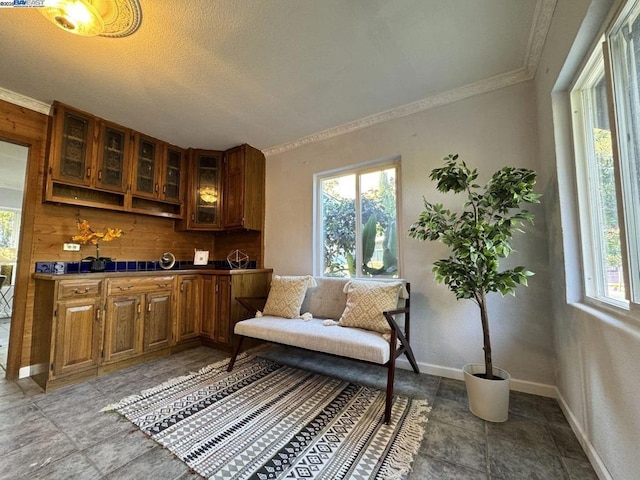 living area featuring crown molding