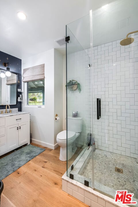 bathroom with vanity, wood-type flooring, toilet, and walk in shower