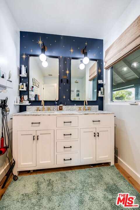 bathroom featuring vanity and wood-type flooring