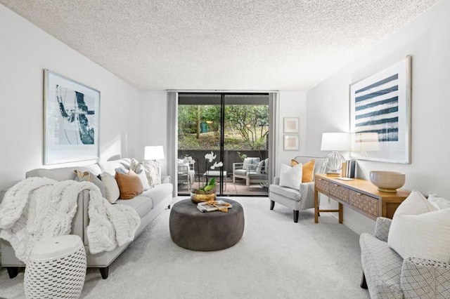 carpeted living room featuring expansive windows and a textured ceiling