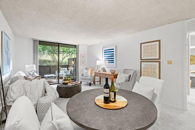 living room with light carpet, a textured ceiling, and a wall of windows