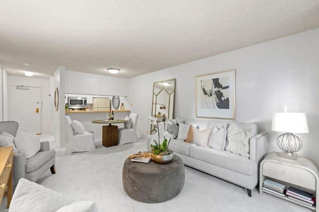 carpeted living room with a textured ceiling