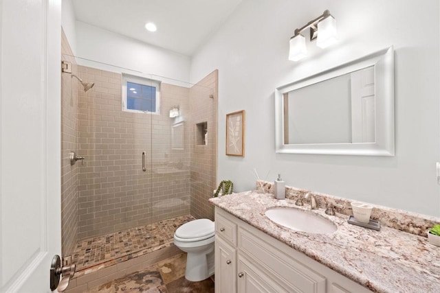 bathroom with vanity, toilet, and a shower with shower door