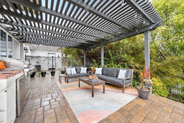 view of patio featuring outdoor lounge area, area for grilling, and a pergola