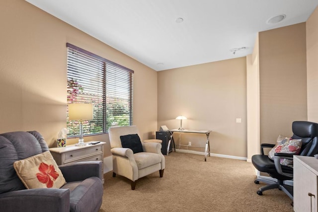 sitting room featuring light colored carpet