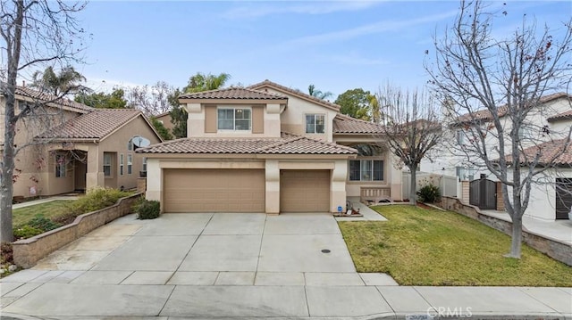 mediterranean / spanish home featuring a front yard, concrete driveway, a tiled roof, and stucco siding