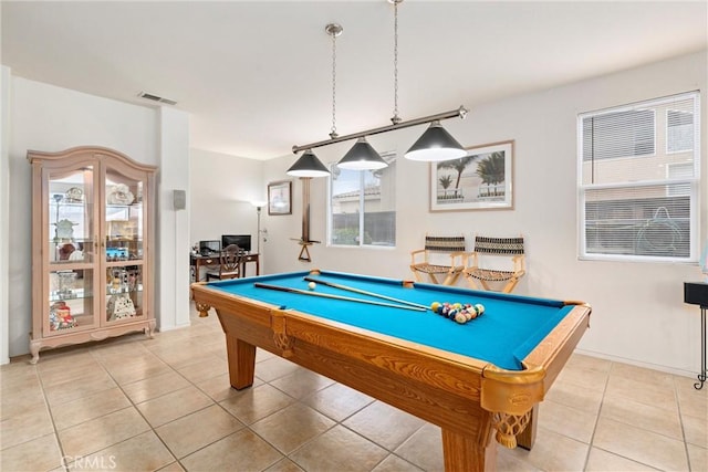 playroom with a healthy amount of sunlight, light tile patterned floors, billiards, and visible vents