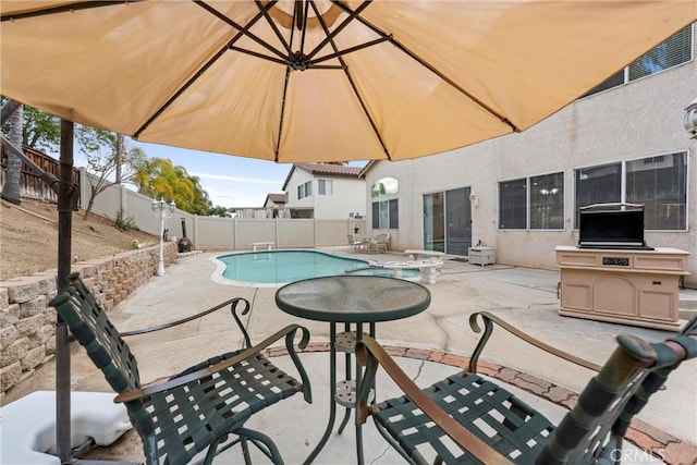 view of pool with a fenced backyard, a fenced in pool, and a patio