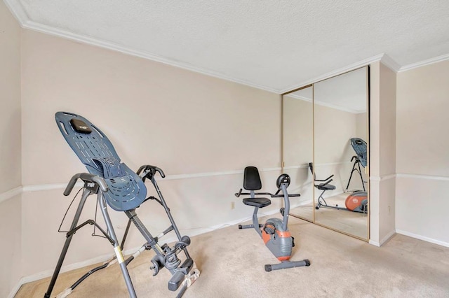 exercise room with ornamental molding, a textured ceiling, and carpet flooring