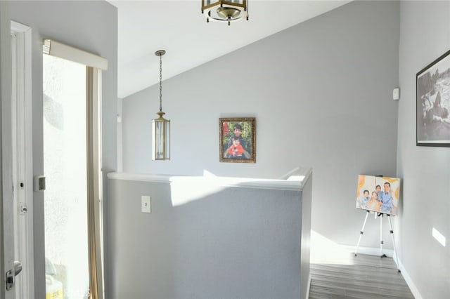 hallway with dark hardwood / wood-style flooring and vaulted ceiling