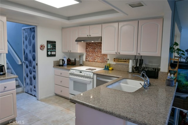 kitchen featuring sink, white electric range oven, kitchen peninsula, white cabinets, and a raised ceiling