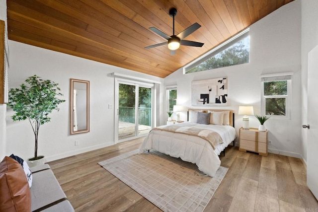 bedroom featuring multiple windows, wooden ceiling, access to exterior, and light hardwood / wood-style floors