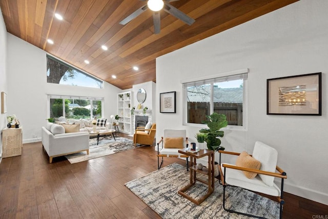 living room with high vaulted ceiling, wood-type flooring, wooden ceiling, and ceiling fan