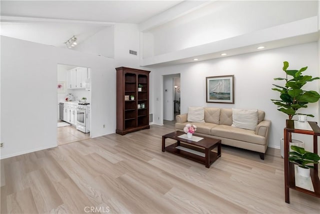 living room featuring high vaulted ceiling and light hardwood / wood-style floors