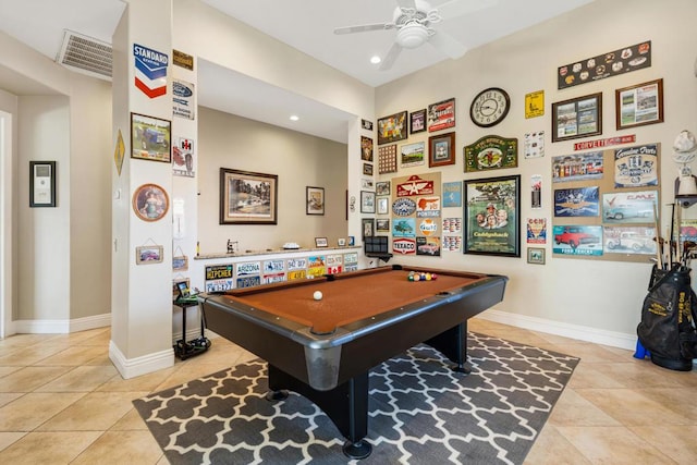 recreation room with ceiling fan, pool table, and light tile patterned floors