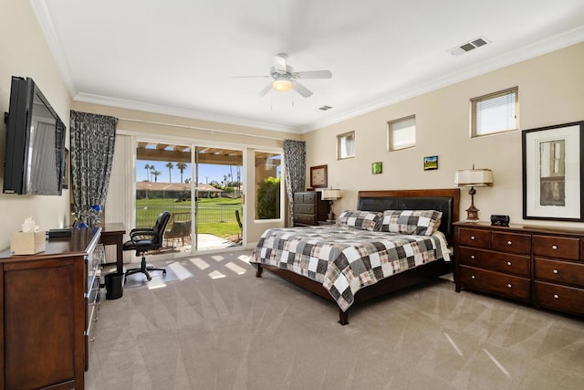 carpeted bedroom with access to exterior, crown molding, and ceiling fan