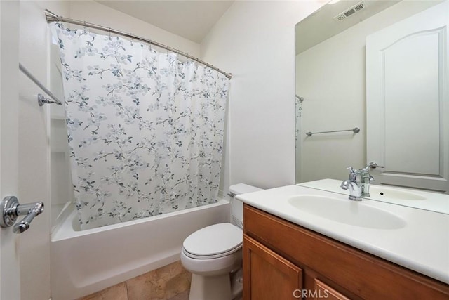 full bath with toilet, shower / tub combo, vanity, and visible vents