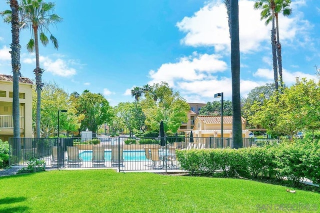 view of pool with a yard