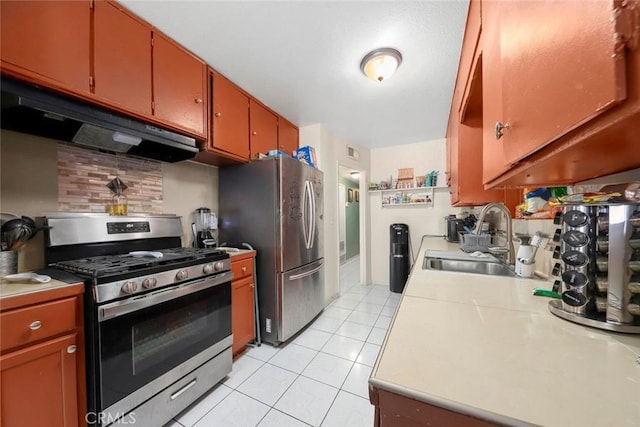 kitchen with appliances with stainless steel finishes, ventilation hood, tasteful backsplash, sink, and light tile patterned floors