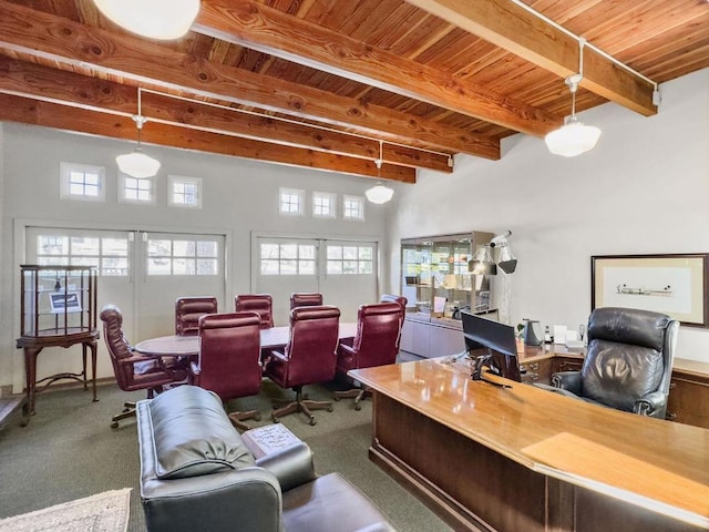 interior space with beam ceiling and wood ceiling