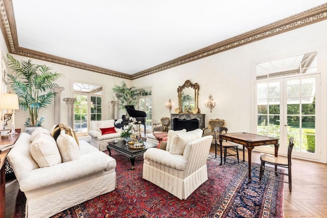 living room featuring crown molding and parquet floors