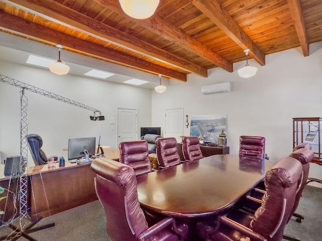 interior space featuring wood ceiling, a wall mounted air conditioner, carpet floors, and beamed ceiling