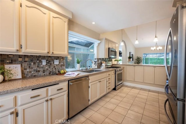 kitchen featuring sink, an inviting chandelier, decorative light fixtures, stainless steel appliances, and backsplash