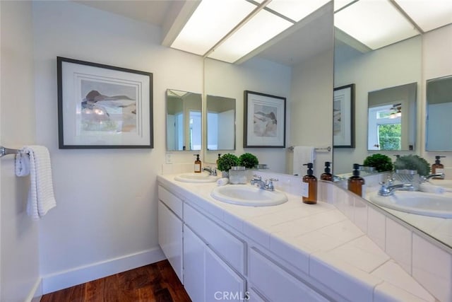 bathroom with vanity, a skylight, and wood-type flooring