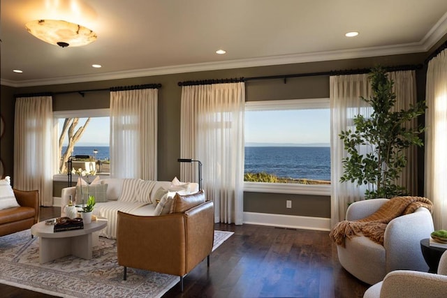 living area featuring crown molding, a water view, dark hardwood / wood-style flooring, and a view of the beach