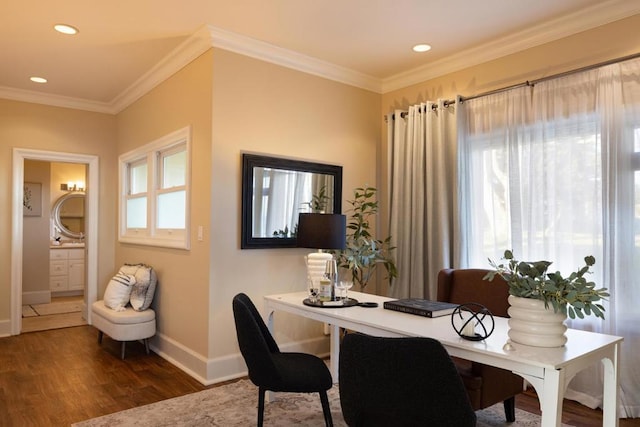 home office featuring ornamental molding and dark hardwood / wood-style floors