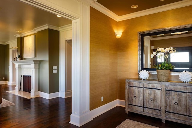 bathroom with hardwood / wood-style flooring and crown molding